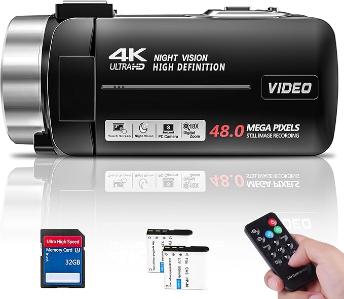 4K Video Camera Camcorder 48MP 30FPS with IR Night Vision,18X Digital Zoom Camera Recorder 3.0" LCD Touch Screen Vlogging Camera for YouTube with Remote Controller, 2 Batteries, 32GB SD Card