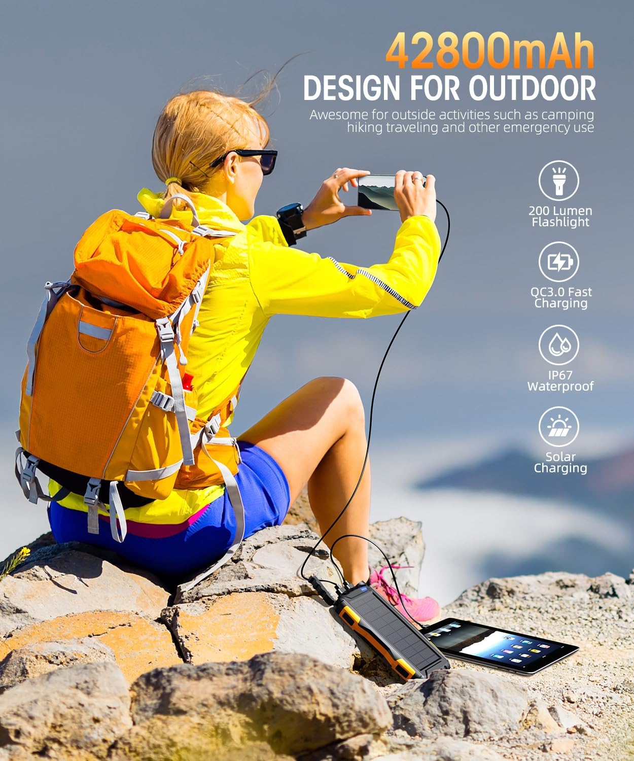 Power-Bank-Solar-Charger - 42800mAh Portable Charger,Solar Power Bank,External Battery Pack 5V3.1A Qc 3.0 Fast Charger Built-in Super Bright Flashlight (Orange) - Image 2