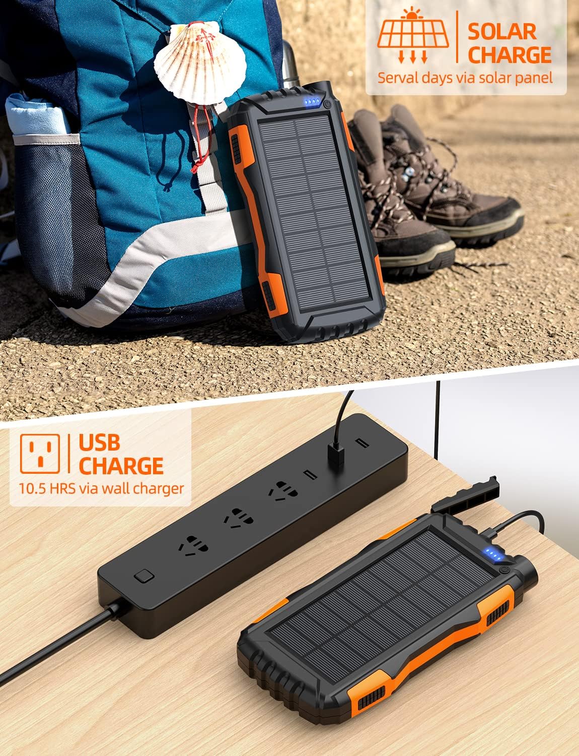 Power-Bank-Solar-Charger - 42800mAh Portable Charger,Solar Power Bank,External Battery Pack 5V3.1A Qc 3.0 Fast Charger Built-in Super Bright Flashlight (Orange) - Image 5