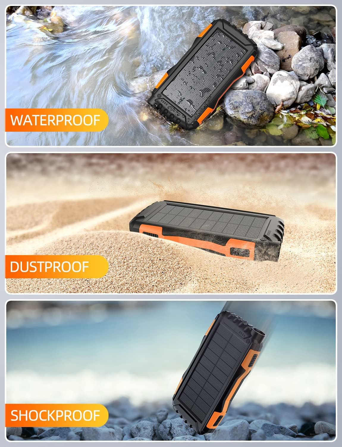 Power-Bank-Solar-Charger - 42800mAh Portable Charger,Solar Power Bank,External Battery Pack 5V3.1A Qc 3.0 Fast Charger Built-in Super Bright Flashlight (Orange) - Image 6